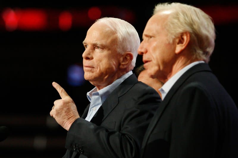 Republican Presidential candidate Sen. John McCain, R.-Ariz. (L), is joined by Sen. Joe Lieberman (I-CT) on stage for a sound check on the fourth day of the Republican National Convention at the Xcel Energy Center in St. Paul, Minnesota on September 4, 2008. Lieberman died Wednesday at the age of 82. File Photo by Brian Kersey/UPI