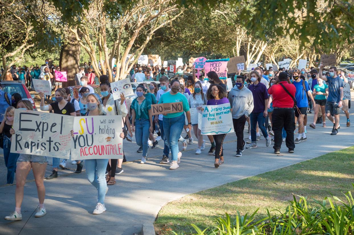 Protesters gather and march on LSU campus in reaction to the way officials  mishandled rape, abuse allegations against numerous football players. November 20, 2020.