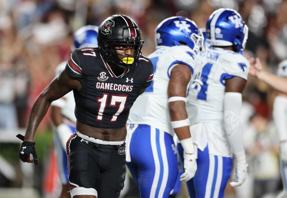 South Carolina wide receiver Xavier Legette (17) celebrates after scoring during the first half of the Gamecocks’ game at Williams-Brice Stadium in Columbia on Saturday, November 18, 2023.