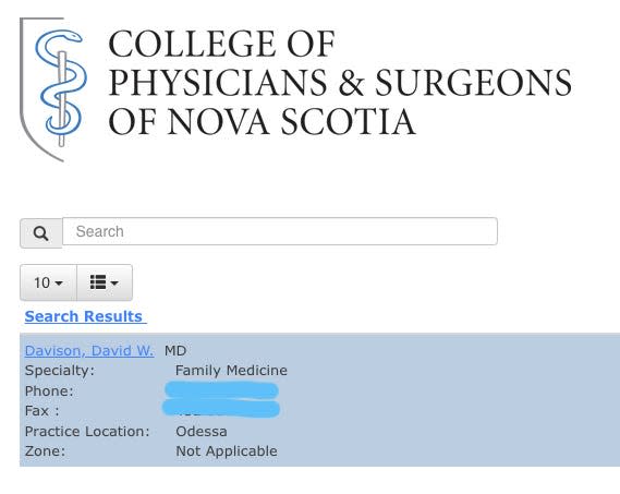 david davison medical liscense lookup in nova scotia showing him working in odessa tx