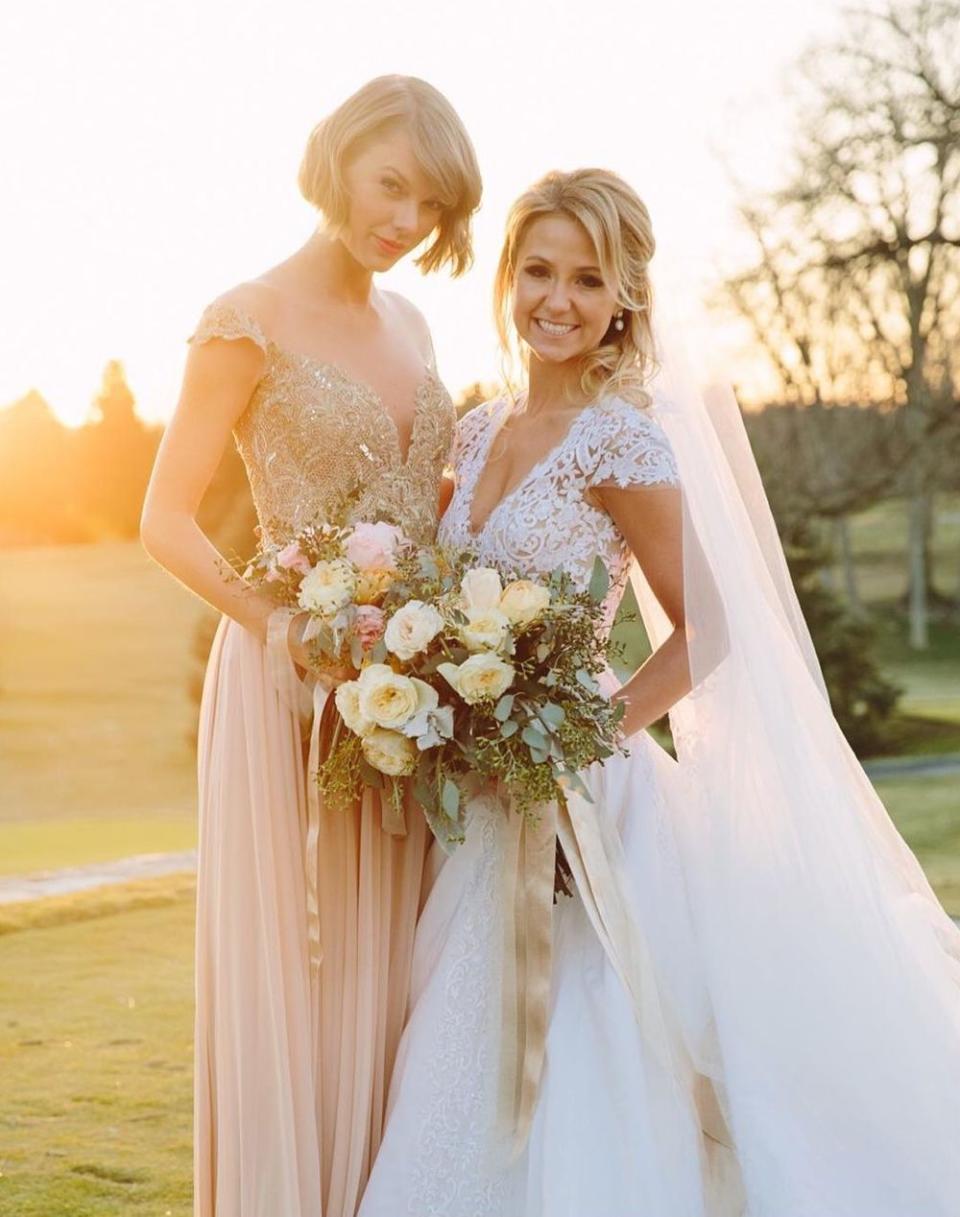 <p>Taylor Swift has played bridesmaid for a fair share of her friends’ weddings. Here, the singer is pictured with bride Britany Maack wearing a peach-hued gown. <em>[Photo: Instagram]</em> </p>