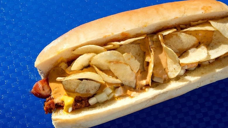 Aerial shot of hot dog with potato chips