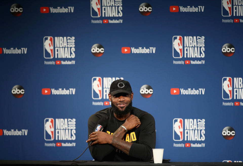 LeBron James hilariously took a shot at Bryan Colangelo and his alleged use of burner Twitter accounts at a press conference on Saturday. (Getty Images)