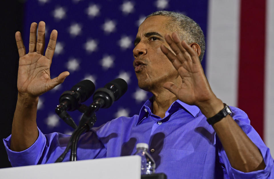 Former President Barack Obama speaks as he campaigns in support of Ohio gubernatorial candidate Richard Cordray, Thursday, Sept. 13, 2018, in Cleveland. (AP Photo/David Dermer)