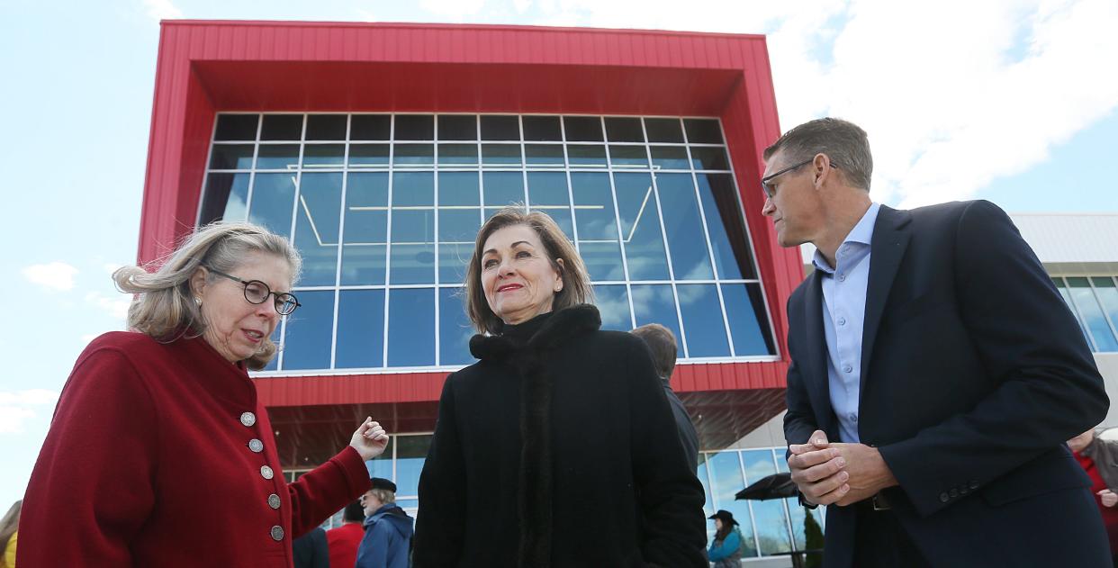 Iowa Governor Kim Reynolds and US representative Randy Feenstra are greeted by Iowa State University president Wendy Wintersteen during the dedication ceremony of the new Veterinary Diagnostic Laboratory on Thursday, April 4, 2024, in Ames, Iowa.