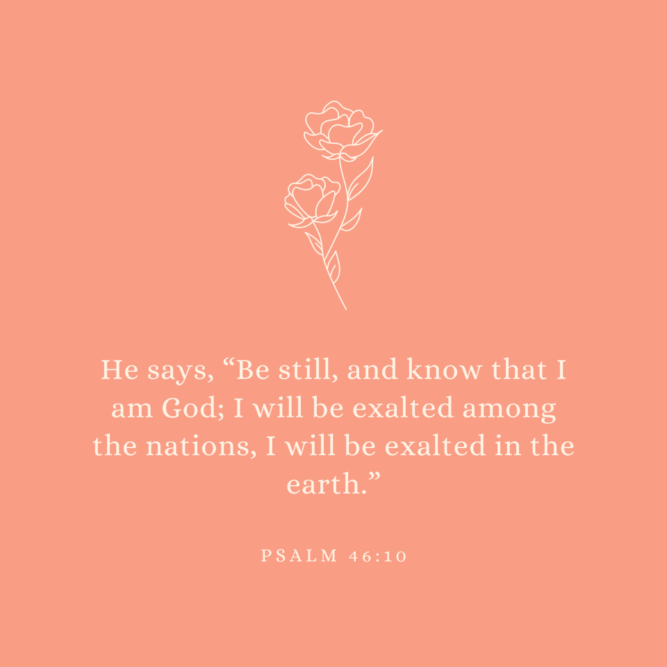 Psalm 46:10 He says, “Be still, and know that I am God; I will be exalted among the nations, I will be exalted in the earth.”