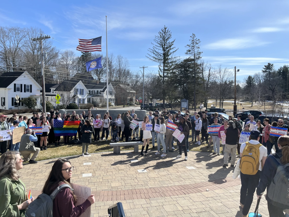 More than 100 students and faculty gathered outside the University of New Hampshire Franklin Pierce School of Law in Concord on Wednesday, March 29, 2023, to protest what they said was anti-trans messaging from two student groups and an insufficient response from administrators.