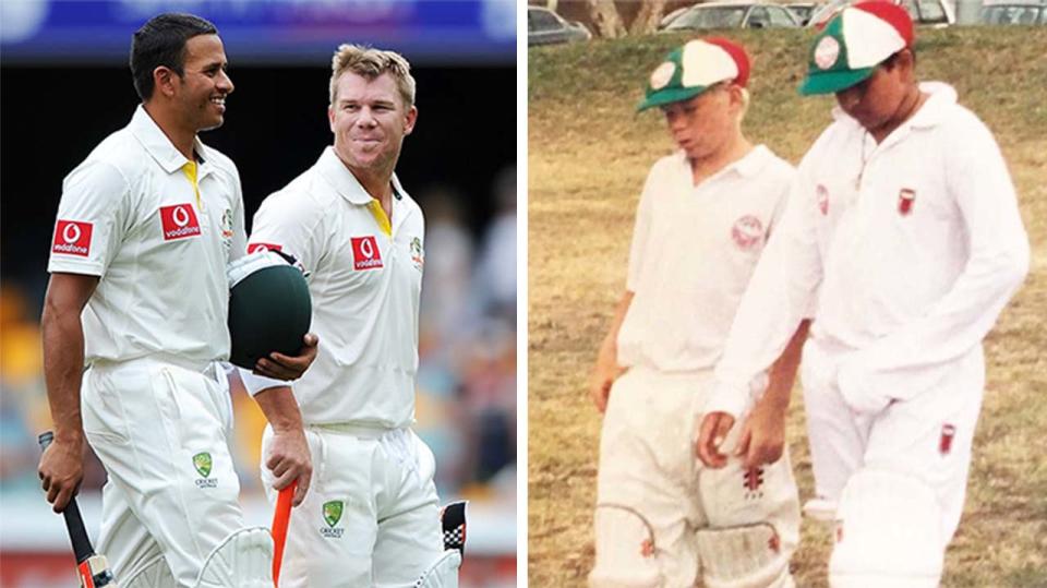 Usman Khawaja and David Warner (pictured left) walking off the field and (pictured right) the same pair as children.