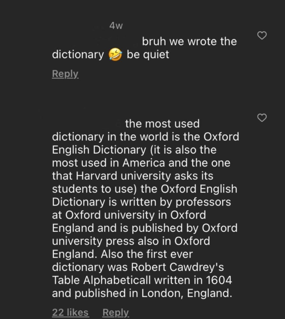 Comment thread on a post discussing the most used dictionaries, with someone mentioning the Oxford English Dictionary's prominence and history