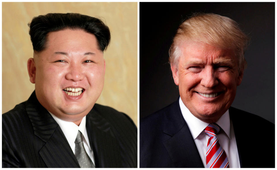 A combination photo shows a Korean Central News Agency (KCNA) handout of Kim Jong Un released on May 10, 2016, and Donald Trump posing for a photo in New York City, U.S., May 17, 2016. REUTERS/KCNA handout via Reuters/File Photo & REUTERS/Lucas Jackson