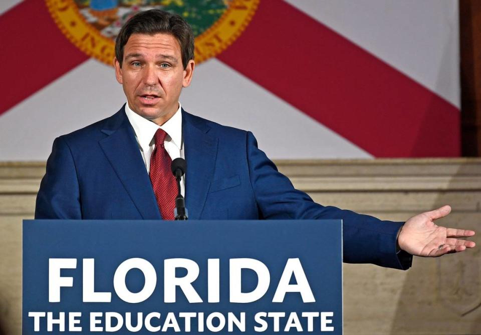 Gov. Ron DeSantis talks during his bill signing ceremony of new legislation impacting the state’s colleges and universities on Monday, May 15th, 2023, held at Sarasota’s New College of Florida.