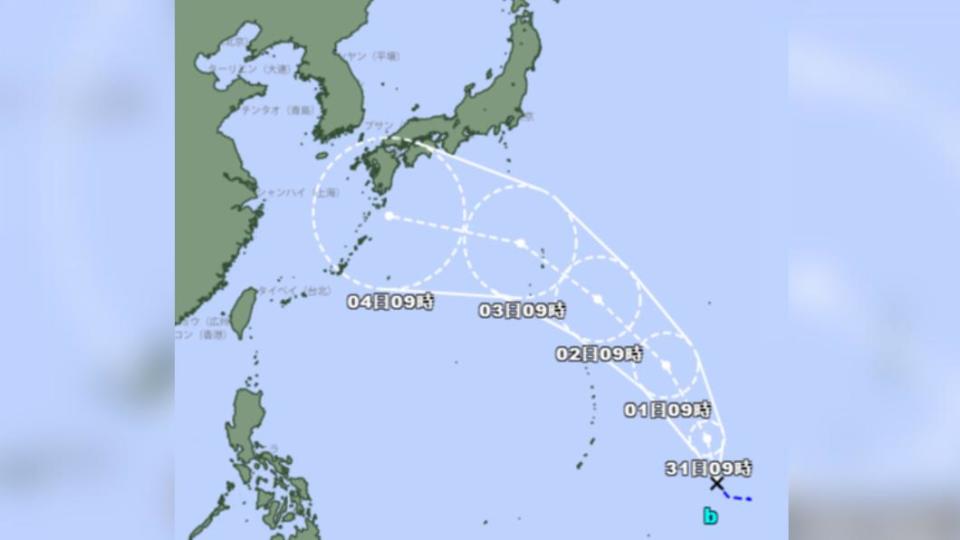 熱帶性低氣壓預計升級為鴻雁颱風，4日將靠近西日本。（圖／翻攝自日本氣象廳）