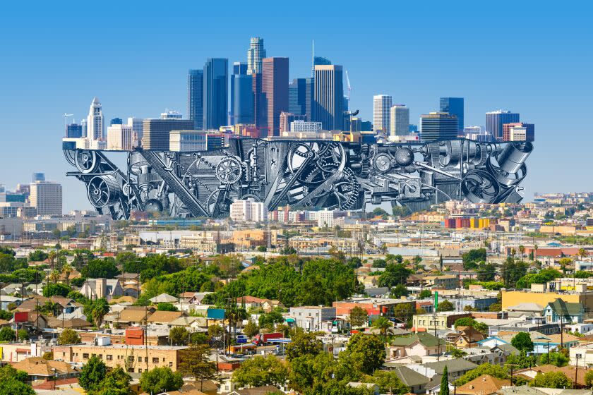 photo illo of downtown Los Angeles with machinery under the skyline