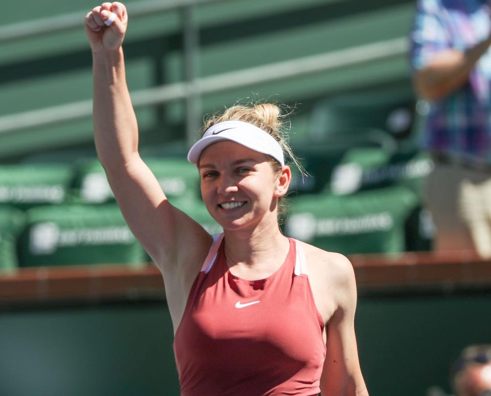 Simona Halep celebrates her her win over Sorana Cirstea during the BNP Paribas Open in Indian Wells, Calif., March 15, 2022.