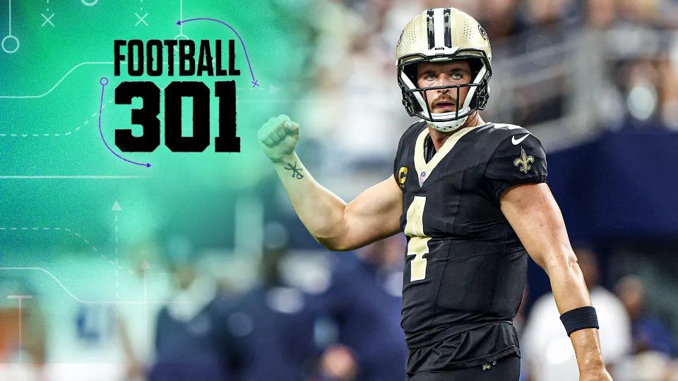  Derek Carr #4 of the New Orleans Saints celebrates a touchdown pass during the third quarter against the Dallas Cowboys at AT&T Stadium on September 15, 2024 in Arlington, Texas. (Photo by Ron Jenkins/Getty Images)