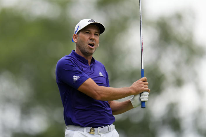 Sergio Garcia, of Spain, reacts to his shot on the seventh hole during the second round of the U.S. Open golf tournament at The Country Club, Friday, June 17, 2022, in Brookline, Mass. (AP Photo/Julio Cortez)
