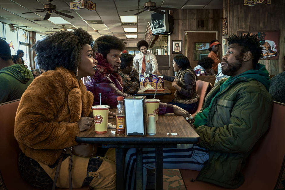 (L to R) Teyonah Parris as Yo-Yo, Jamie Foxx (Producer) as Slick Charles and John Boyega as Fontaine in They Cloned Tyrone. (Parrish Lewis/Netflix)