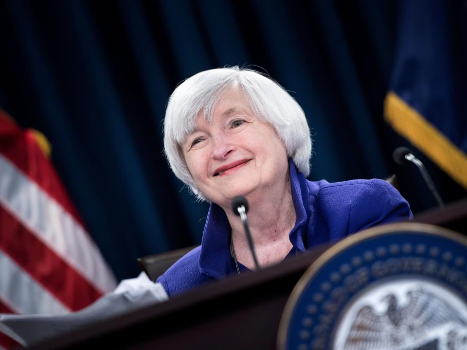Former Federal Reserve Chair Janet Yellen speaks at a podium.