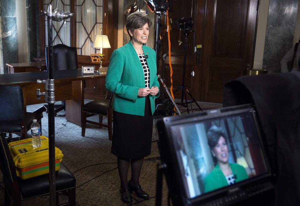 Senator Joni Ernst rehearses the Republican response to Obama's State of the Union address on Capitol Hill in Washington