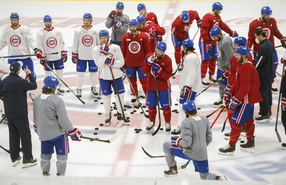 The Montreal Canadiens practice in Brossard, Quebec, Sunday, June 27, 2021. The Canadiens take on the Tampa Bay Lightning in the NHL hockey Stanley Cup finals beginning Monday in Tampa, Fla. (Graham Hughes/The Canadian Press via AP)