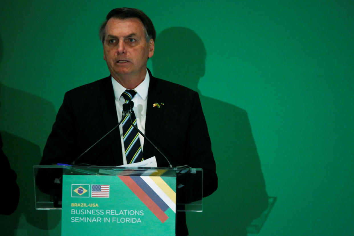 Jair Bolsonaro, then president of Brazil, speaks during the Brazil-USA Business Relations Seminar, in Miami, Florida, U.S., March 9, 2020. (Marco Bello/Reuters)