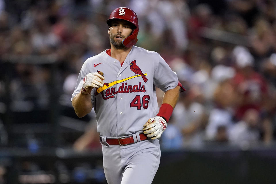 St. Louis Cardinals' Paul Goldschmidt rounds the bases after hitting a solo home run against the Arizona Diamondbacks during the first inning of a baseball game, Friday, Aug. 19, 2022, in Phoenix. (AP Photo/Matt York)