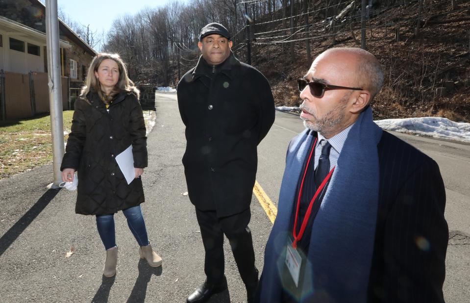 Eudes Budhai, far right, Nyack superintendent of schools, meets with Beth Davidson school board Vice President and Terence Rock, board president at district headquarters in Central Nyack Nyack Feb. 11, 2022.