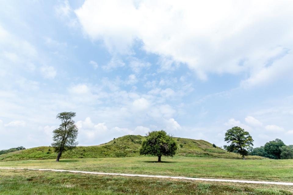 sideview of grass-covered Monks Mound on a sunny day