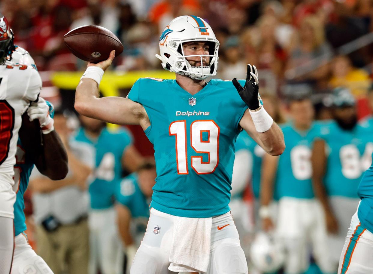 Aug 13, 2022; Tampa, Florida, USA; Miami Dolphins quarterback Skylar Thompson (19) throws the ball against the Tampa Bay Buccaneers during the second quarter at Raymond James Stadium. Mandatory Credit: Kim Klement-USA TODAY Sports