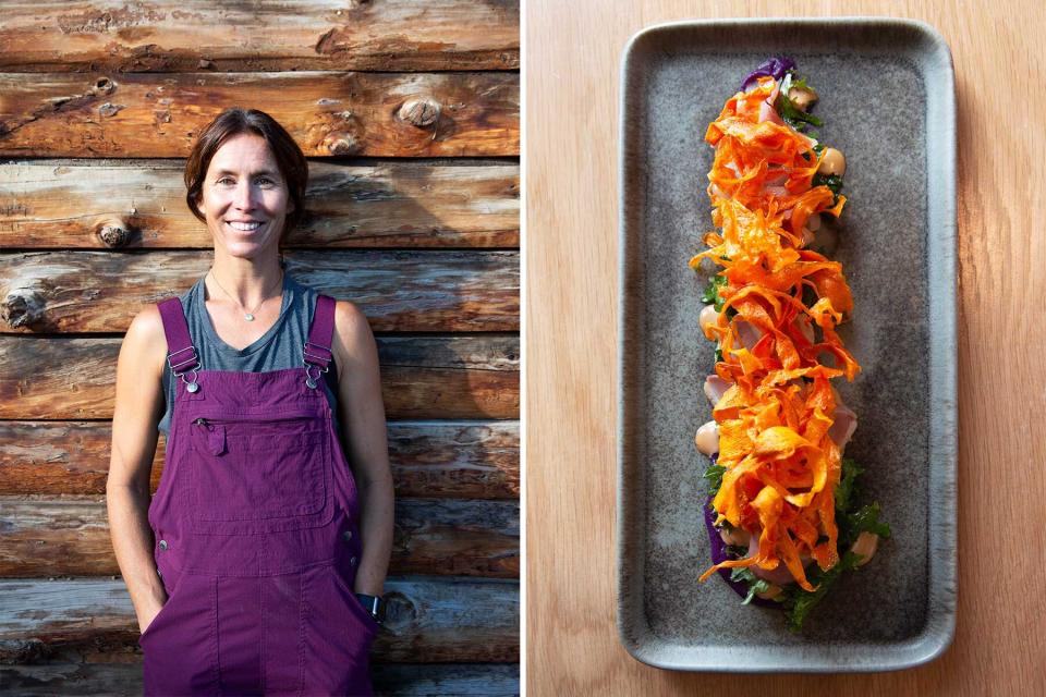 Two photos from The Lodge at Blue Sky, including a portrait of a farmer, and a duck and carrot dish