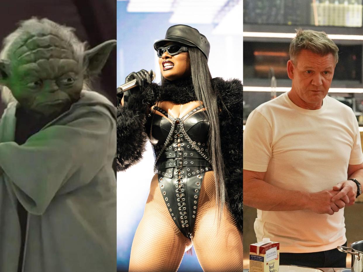 A photo stitch of Yoda holding a green lightsaber, Megan Thee Stallion wearing a black, leather leotard, and Gordon Ramsey wearing a white shirt