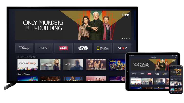 television screen and mobile tablet showing disney plus streaming service