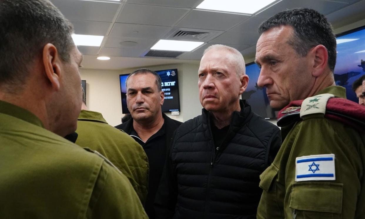 <span>Israel’s defence minister, Yoav Gallant, (2nd R) says the successful interception against the attack by the country’s air force and several allies is an opportunity for a new ‘strategic alliance’ against Iran.</span><span>Photograph: Anadolu/Getty Images</span>