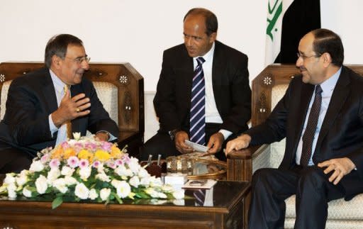 US Secretary of Defense Leon Panetta (L) meets with Iraqi Prime Minister Nuri al-Maliki (R) at the Prime Minister's residence in Baghdad. American forces are pursuing Iran-backed insurgents in Iraq, Panetta said in Baghdad on Monday as US deaths spike nearly a year after US troops formally ended combat operations