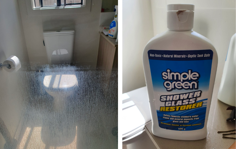 Image of shower screen half cleaned, with toilet visible. Right, the Bunnings shower cleaner Simple Green in a white bottle with blue label.