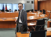 German Foreign Minister Heiko Maas attends the weekly cabinet meeting at the Chancellery in Berlin, Germany, Wednesday, May 20, 2020. (Fabrizio Bensch/Pool Photo via AP)