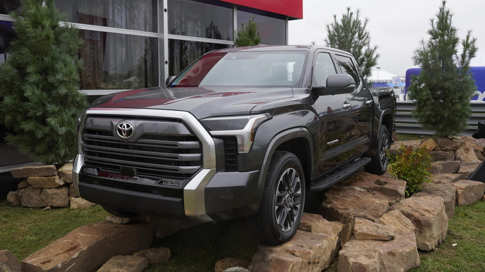 A 2022 Toyota Tundra is shown at Motor Bella in Pontiac, Mich., Tuesday, Sept. 21, 2021. Toyota is dumping the big V8 engine in the latest redesign of its Tundra full-size pickup truck, a bold move in a market that likes big, powerful engines. (AP Photo/Paul Sancya)