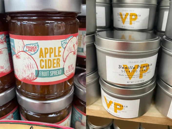 jars of apple cider jam and containers of vanilla pumpkin candles at trader joes