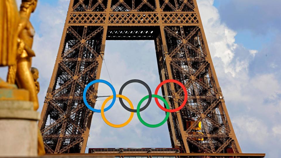 The Olympic rings attached to the Eiffel Tower