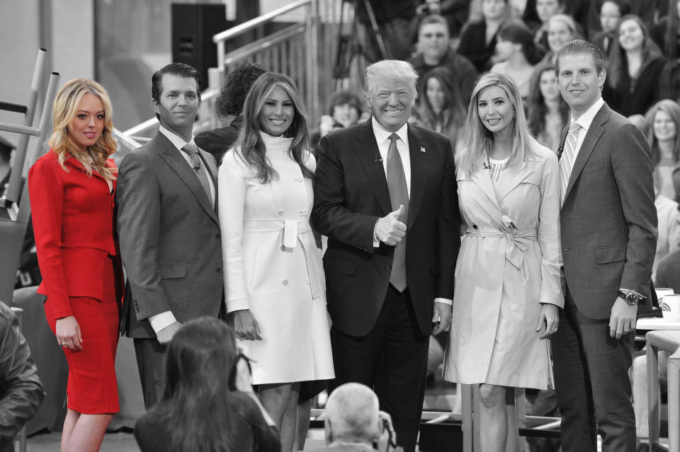 Tiffany Trump, far left, with her three siblings, step-mother Melania and father Donald. [Photo: Getty]