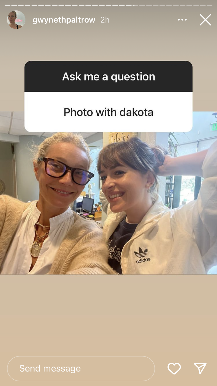 Paltrow also shared a shot of her posing with Dakota Johnson, ex-husband Chris Martin's new partner. (Screenshot: Instagram Stories)