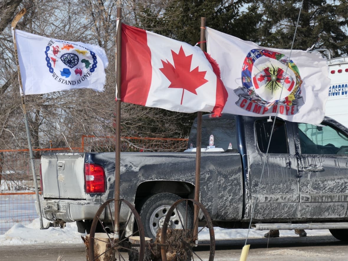 A convoy has formed in Dugald, Man., one year after convoy protesters choked downtown Ottawa and blocked border crossings. (CBC - image credit)