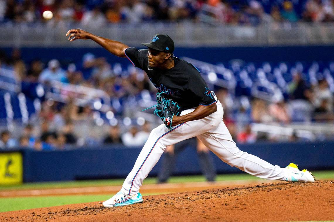 Miami Marlins pitcher Huascar Brazoban (81) throws the ball during the third inning of an MLB game against the Los Angeles Dodgers at loanDepot park in the Little Havana neighborhood of Miami, Florida, on Friday, August 26, 2022.