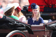 <p>Lady Louise, the daughter of the Queen’s youngest child Prince Edward, wore a very sophisticated navy dress with matching headwear. Photo: Getty </p>