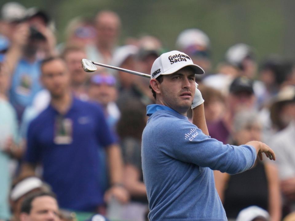 Patrick Cantlay hits from the 12th tee during a practice round at the Masters.