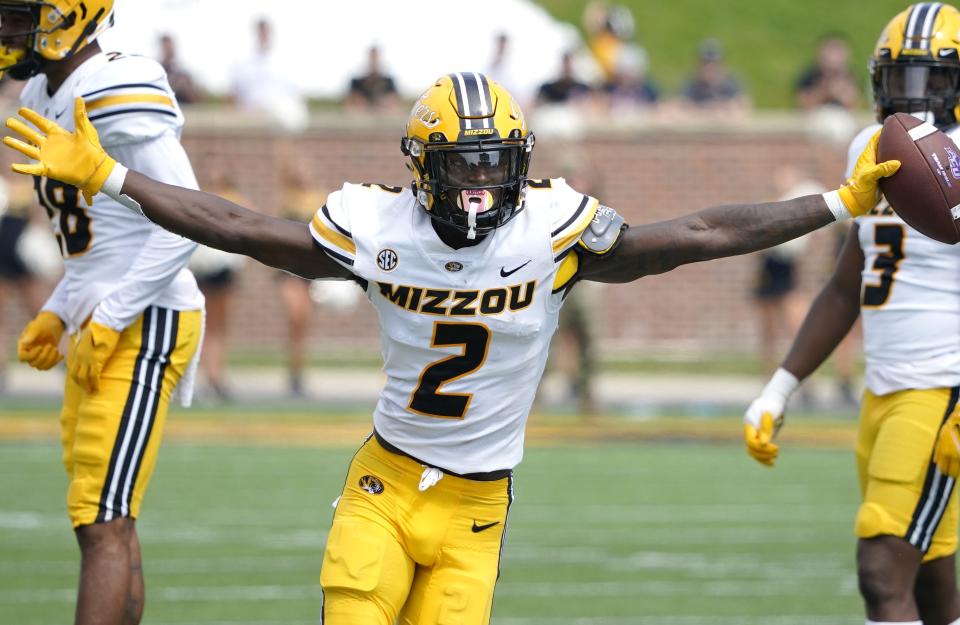 COLUMBIA, MO - SEPTEMBER 17: Defensive back Ennis Rakestraw Jr. #2 of the Missouri Tigers celebrates his interception against the Abilene Christian Wildcats in the third quarter at Faurot Field/Memorial Stadium on September 17, 2022 in Columbia, Missouri. (Photo by Ed Zurga/Getty Images)