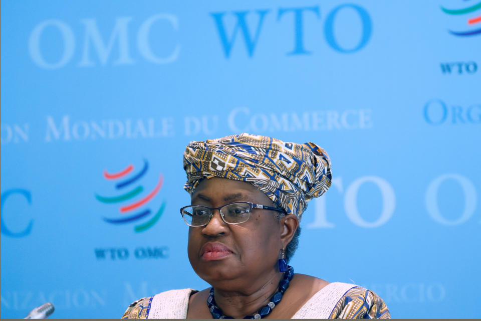 FILE - In this April 1, 2021 file picture, World Trade Organisation (WTO) Director-General Ngozi Okonjo-Iweala attends a news conference at WTO headquarters in Geneva, Switzerland. The head of the World Trade Organization said Friday, May 7, 2021, the U.S. administration’s call to remove patent protections on COVID-19 vaccines will give an impetus to negotiations to resolve access inequity but such a waiver might not be the “critical issue” against the pandemic. (Denis Balibouse/Pool via AP)