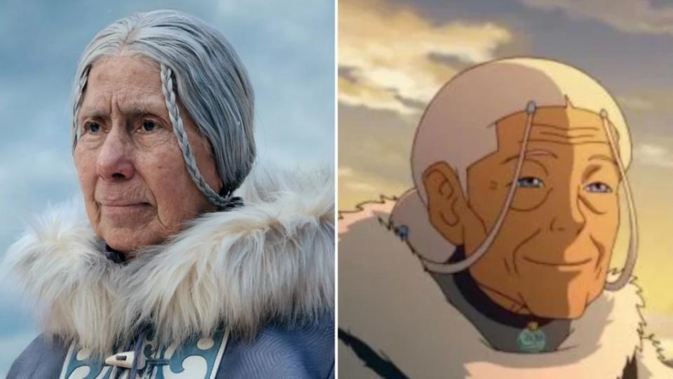 Casey Camp-Horinek's Gran Gran in Netflix's "Avatar: The Last Airbender) and her animated counterpart (voiced by Melendy Britt)