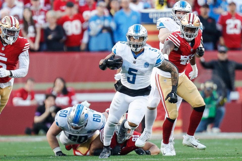 Lions running back David Montgomery runs against 49ers during the first half of the NFC championship game at Levi’s Stadium in Santa Clara, California, on Sunday, Jan. 28, 2024.