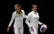 <p>Kelley Hurley (L) and Courtney Hurley (R) were a part of the first U.S. epee team to medal at the Olympics in 2012, and they will join forces again in 2016. The San Antonio sisters will also be competing against each other in the individual event, adding a little sibling rivalry to the Olympic Games. (Getty) </p>